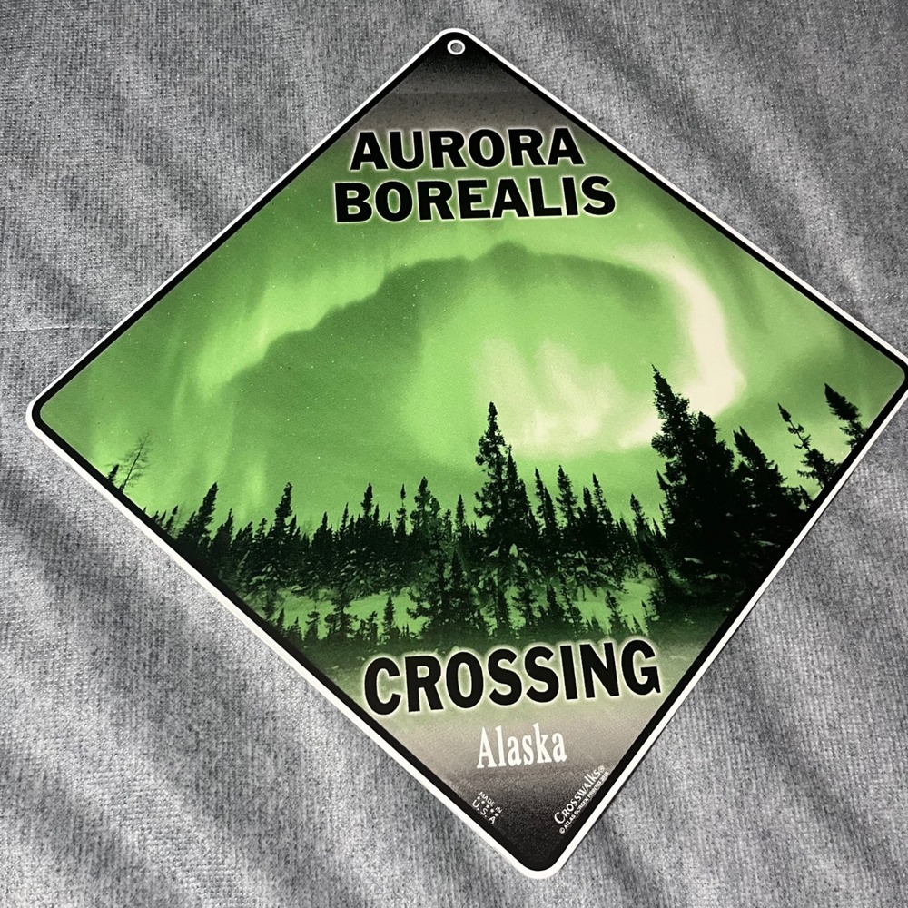 Aurora Borealis Crossing Alaska Metal Sign Atlas Screen Printing 12x12 Green